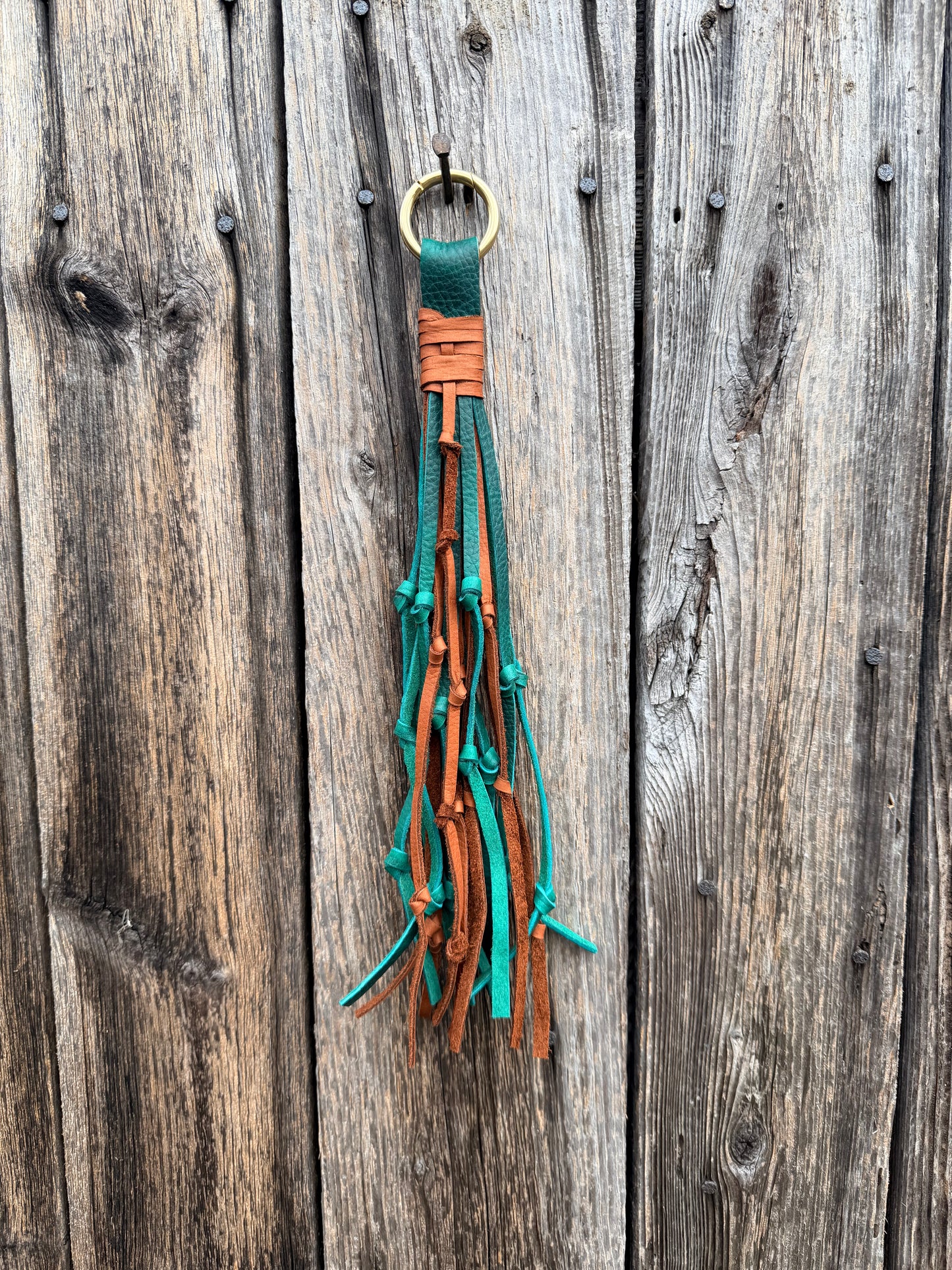 Knotted Leather Tassel in Emerald & Brandy 15”