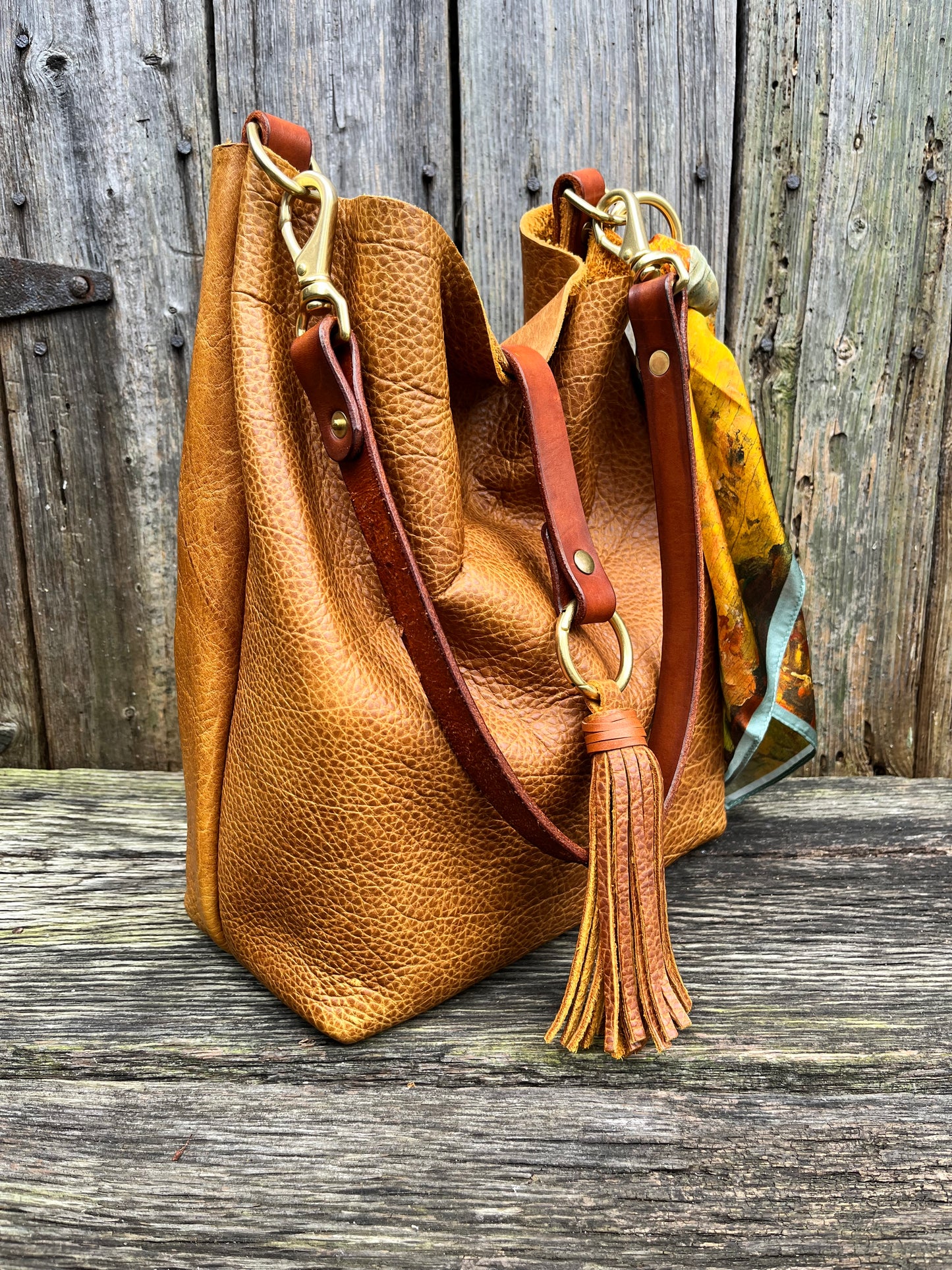 Barcelona Bucket in Distressed Peanut Bison with Throwover Tassel & Silk Scarf Accessory