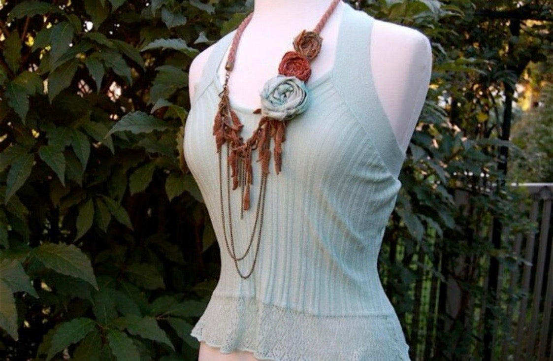 Boho Cowgirl Statement Necklace, Leather, Fabric, Chain, Shabby Chic