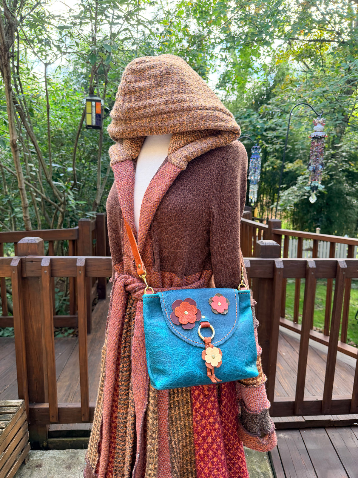 Bubby Bag in Premium Blue Bison with Whimsical Leather Flowers