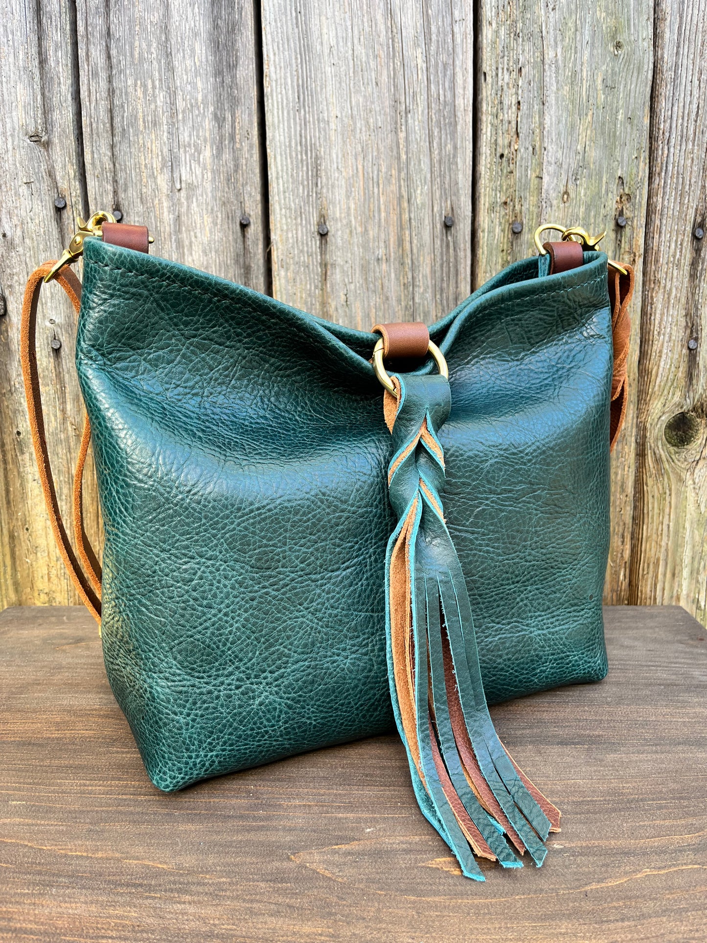 Mimi Slouch Bag in Blue Spruce with Braided Throwover Leather Tassel