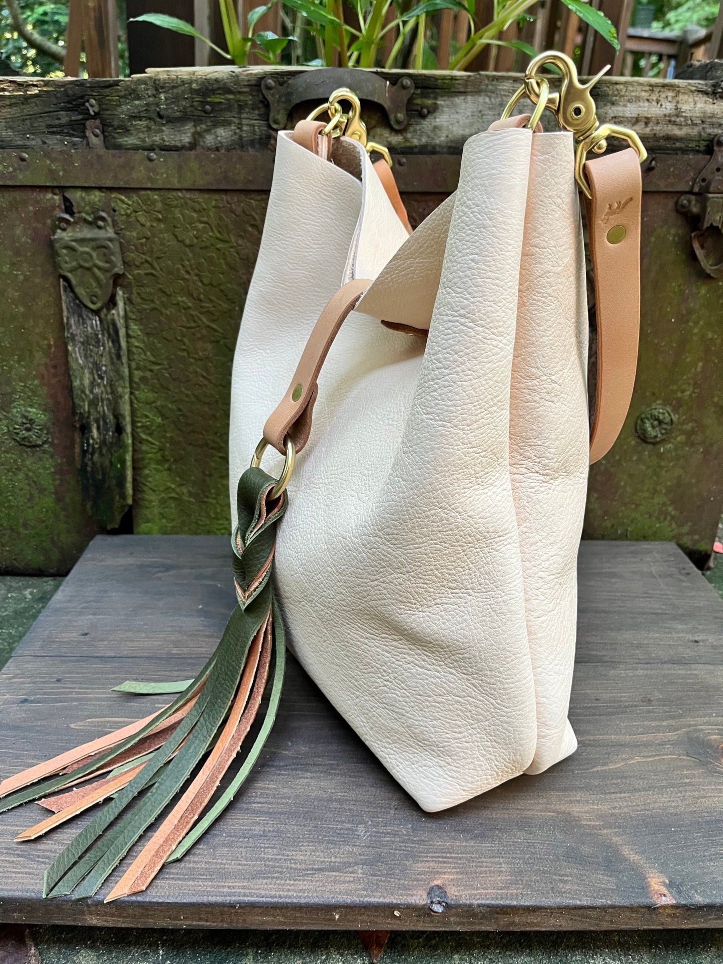 Barcelona Bucket in Natural Milled Veg Tan with Throwover Braided Tassel