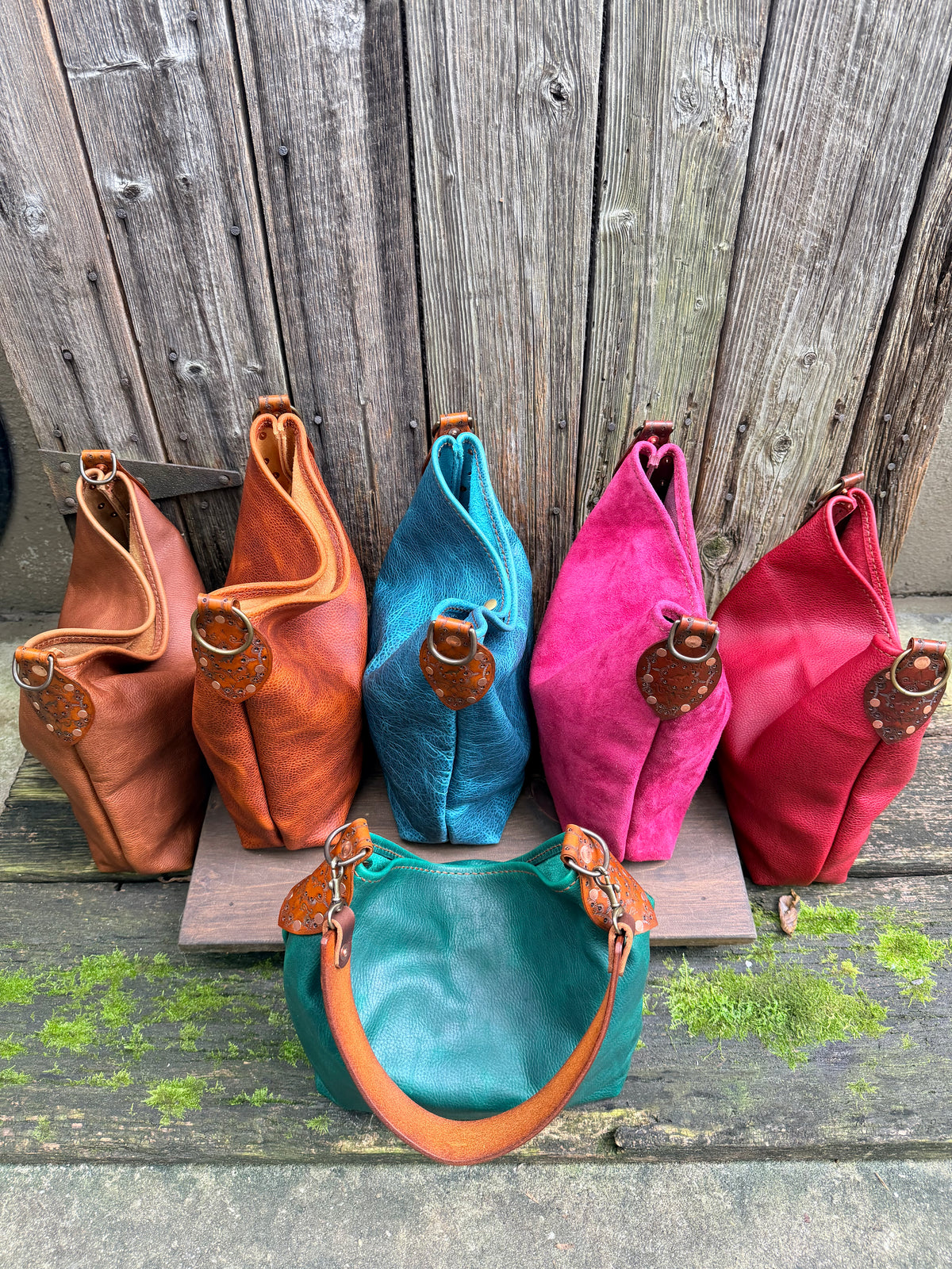 Willy Bucket in Reverse Cow in Cranberry Suede with Guitar Strap