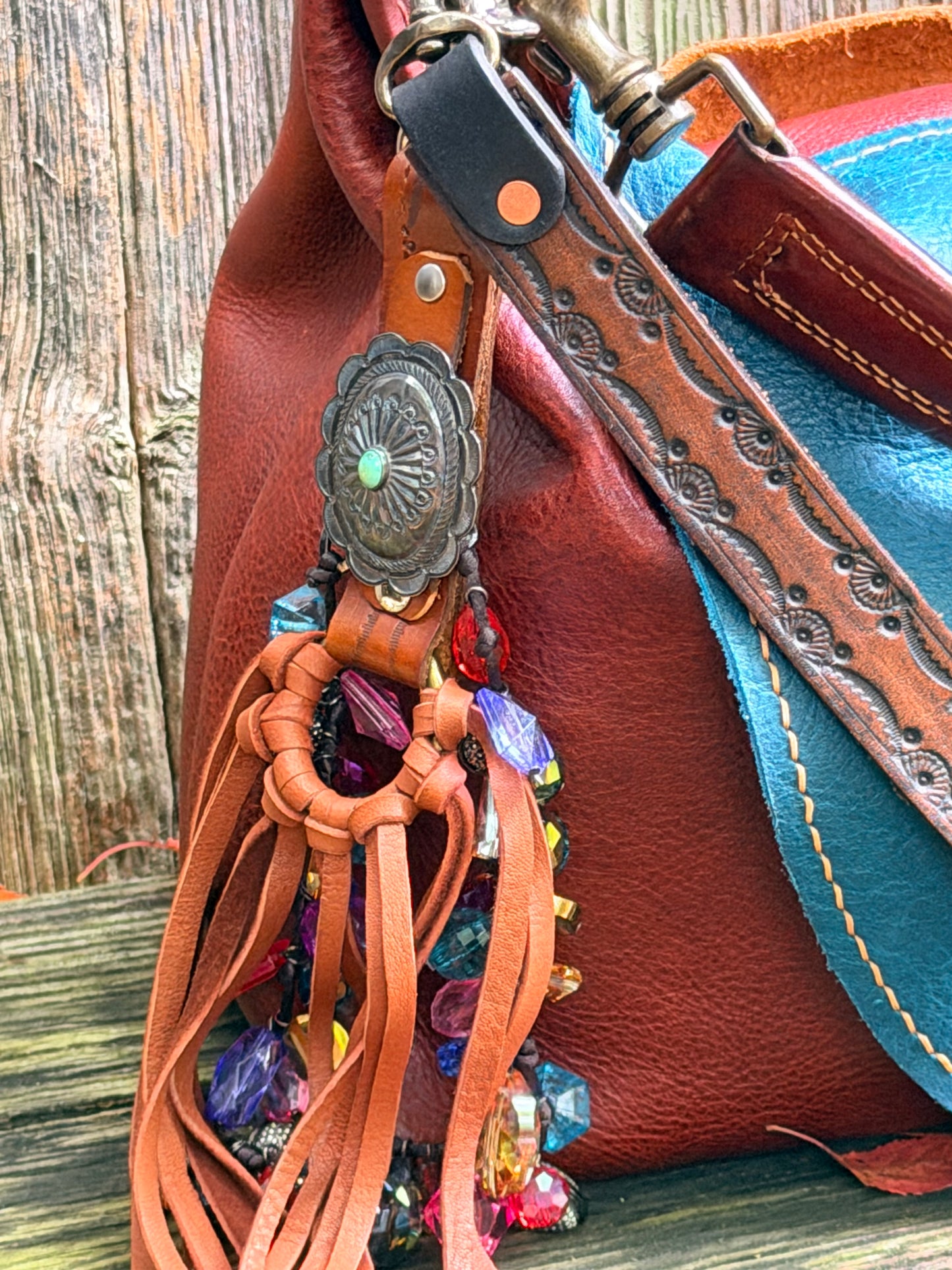 Hand-tooled Tribal Tassel in Tan Deerskin with Sterling Silver & Turquoise Concho 15”L, OOAK