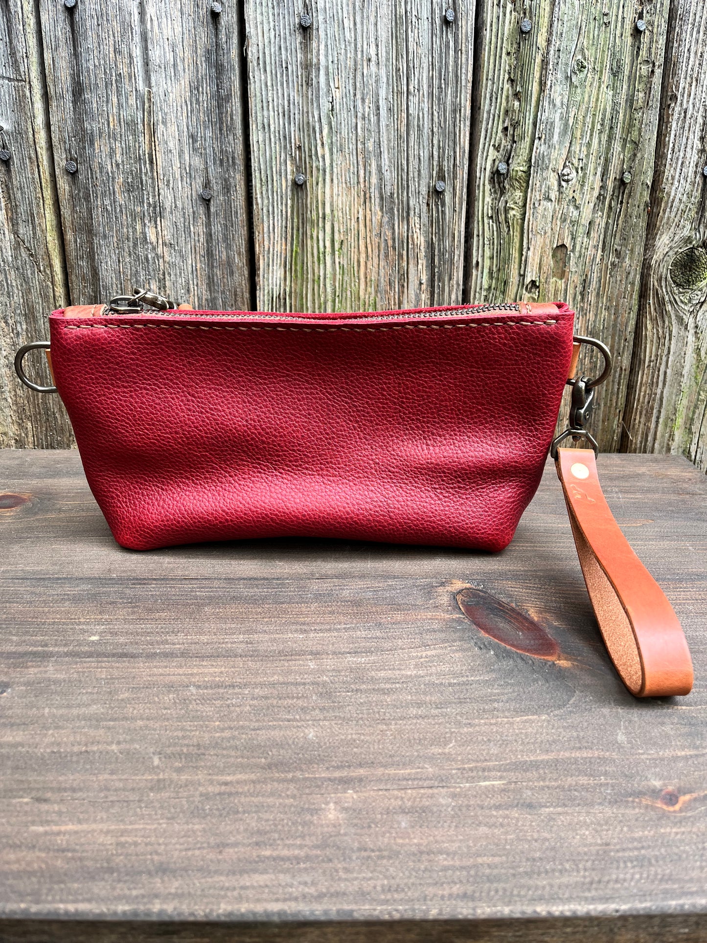 Pip Wristlet in Cherry Bison with English Tan Leather Accents