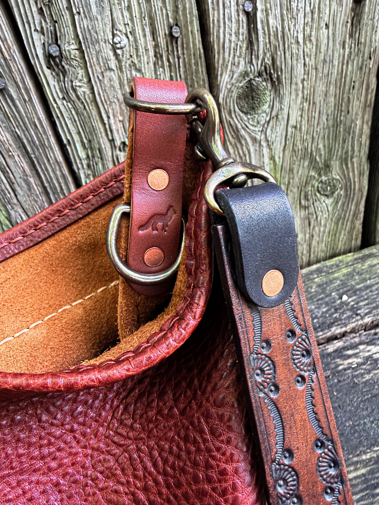 Remi Shoulder Bag with Tassel Flap in Mixed Leather with Horween Hand-tooled Strap