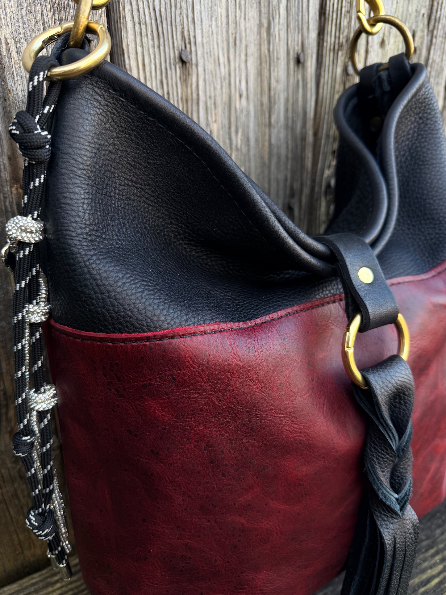 Custom Black Leather Throwover Tassel Closure for Karen