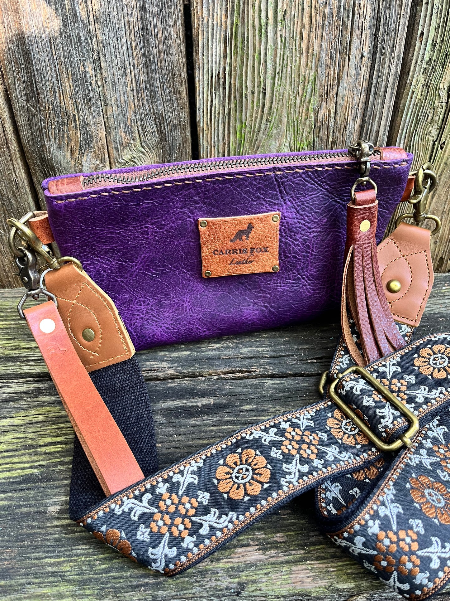 Pipsqueak Wristlet/Crossbody in Grape Escape Bison with English Tan Leather Accents