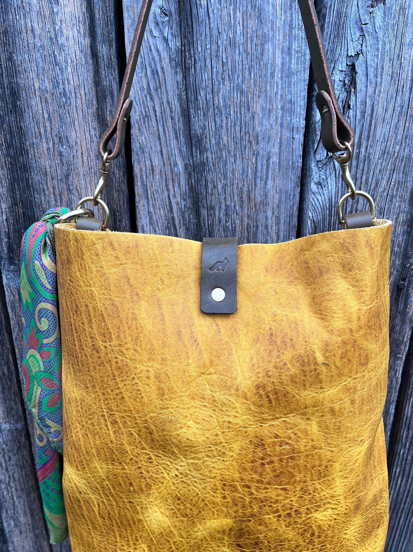 Barcelona Bucket in Golden Mustard Bison with Throwover Tassel & Silk Scarf Accessory