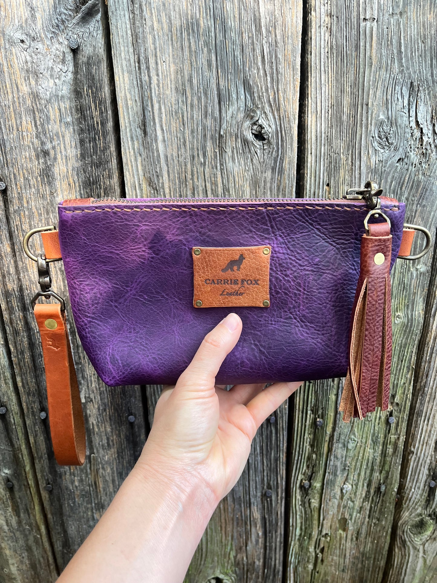 Pipsqueak Wristlet/Crossbody in Grape Escape Bison with English Tan Leather Accents