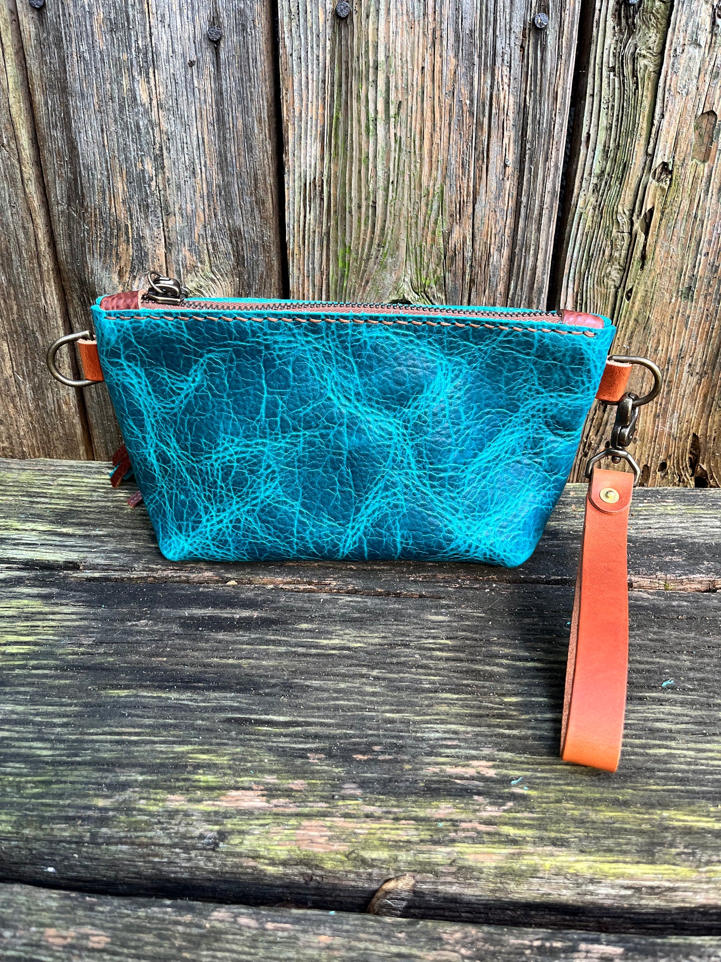 Pipsqueak Wristlet/Crossbody in Blue Bison with English Tan Leather Accents