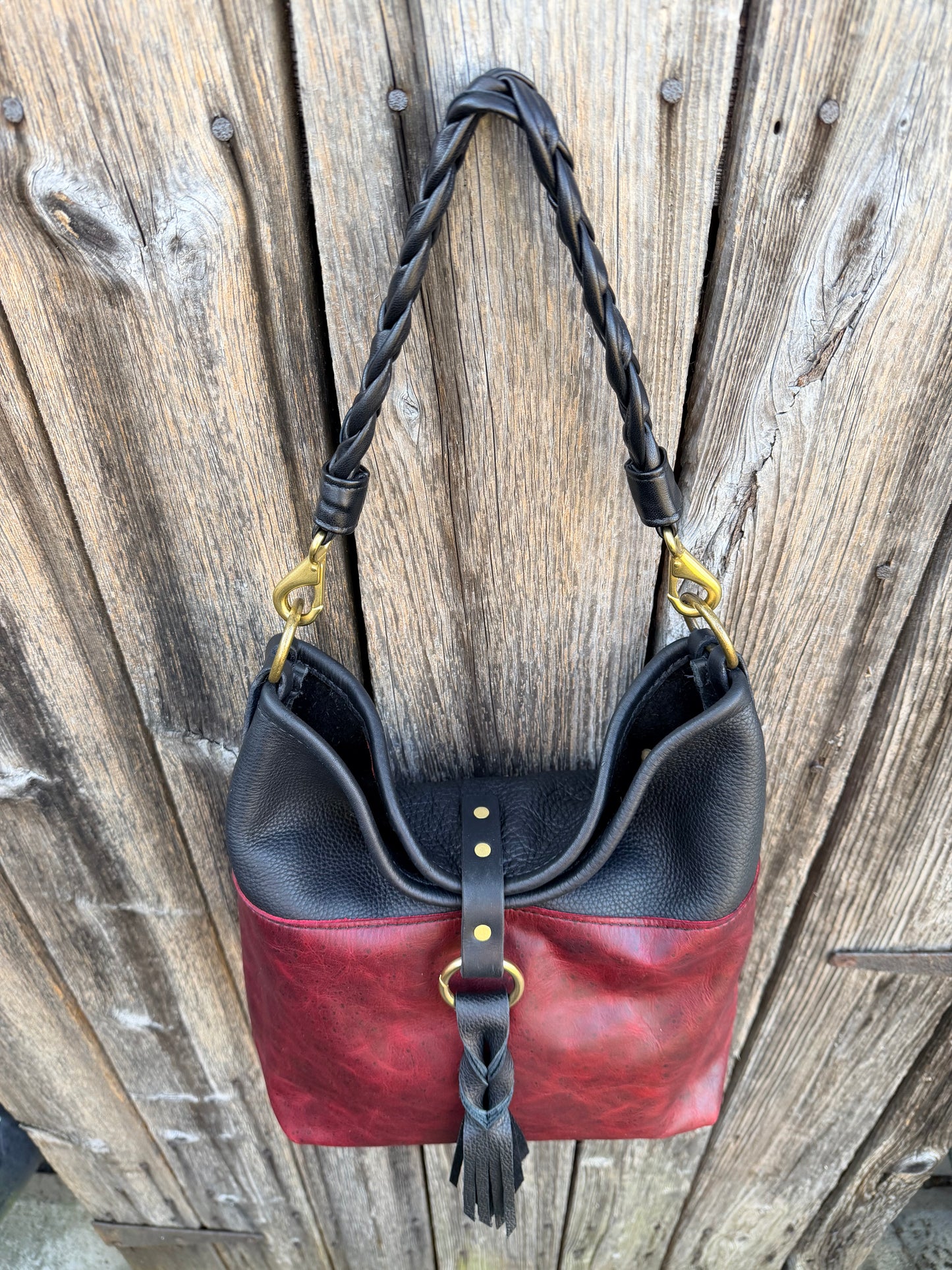 Custom Black Leather Throwover Tassel Closure for Karen