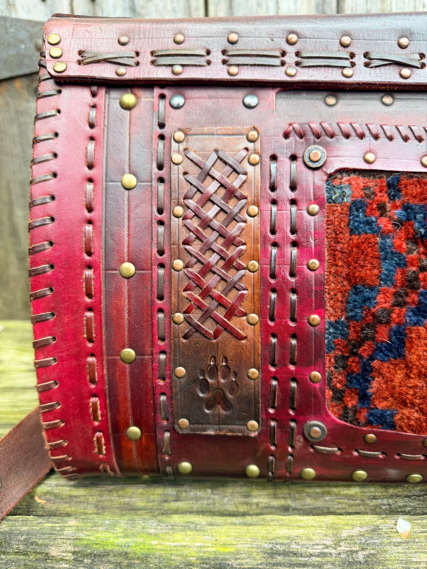 Carpet Bag Tote with Antique Rug & Veg Tanned Leather // Handmade in Wales, UK