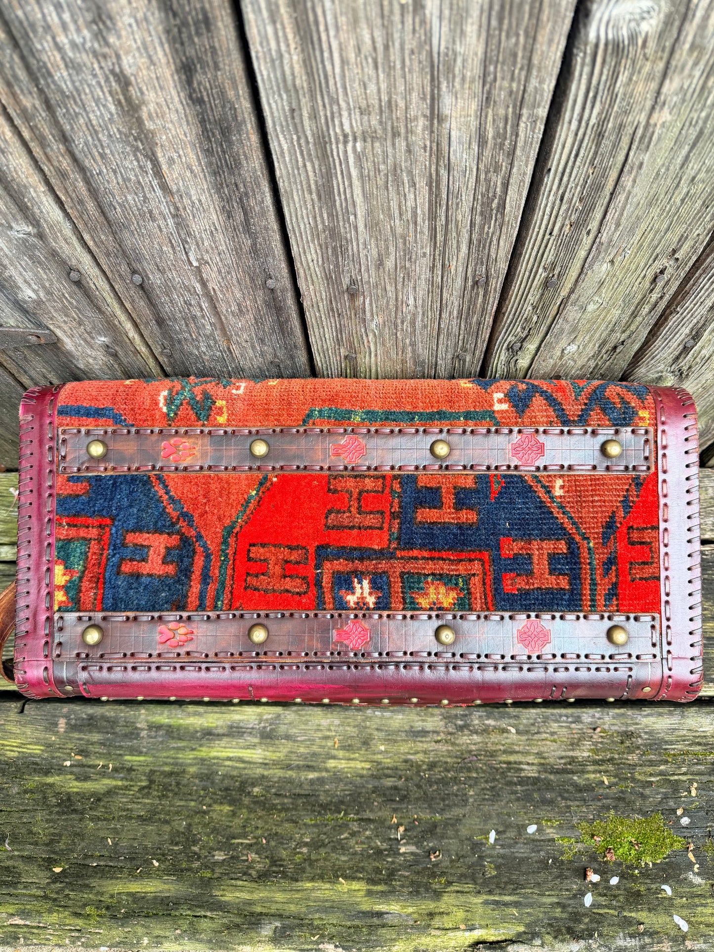 Carpet Bag Tote with Antique Rug & Veg Tanned Leather // Handmade in Wales, UK