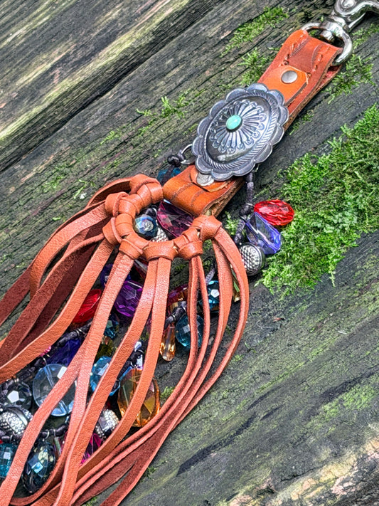 Bohemian Jeweled Tassel in Tan Deerskin with Sterling Silver & Turquoise Concho 15”L, OOAK