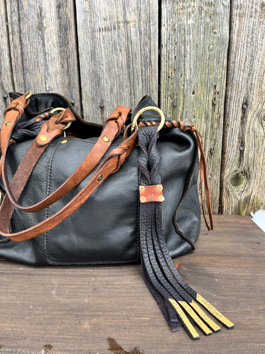 Twisted Fox Tag Leather Tassel with Black & Gold Ombré Fringe