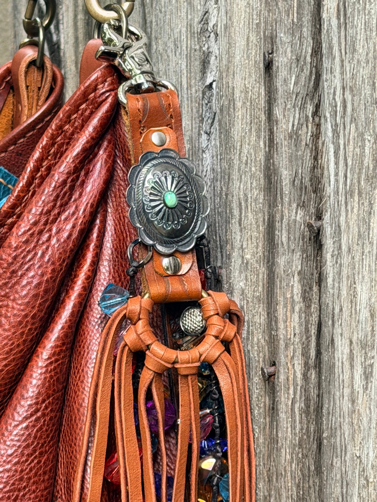Hand-tooled Tribal Tassel in Tan Deerskin with Sterling Silver & Turquoise Concho 15”L, OOAK