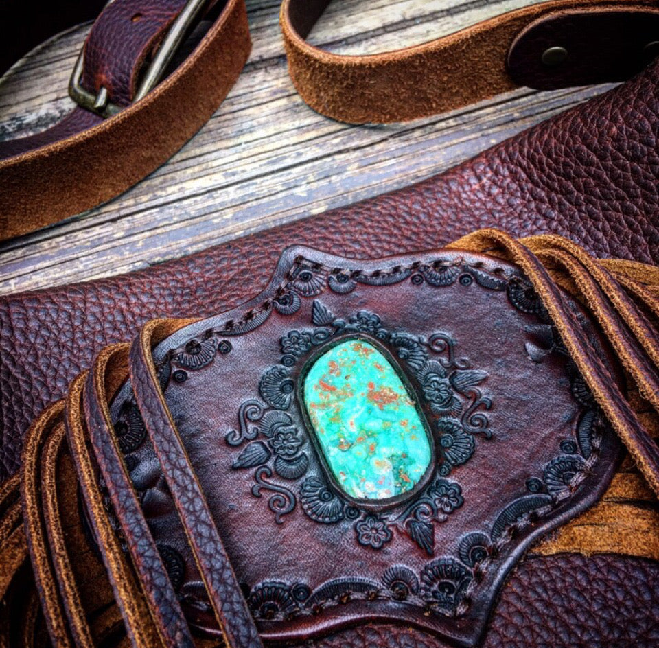 Evolet Saddle Bag in Oil Tanned Leather with Nevada Emerald Valley Turquoise