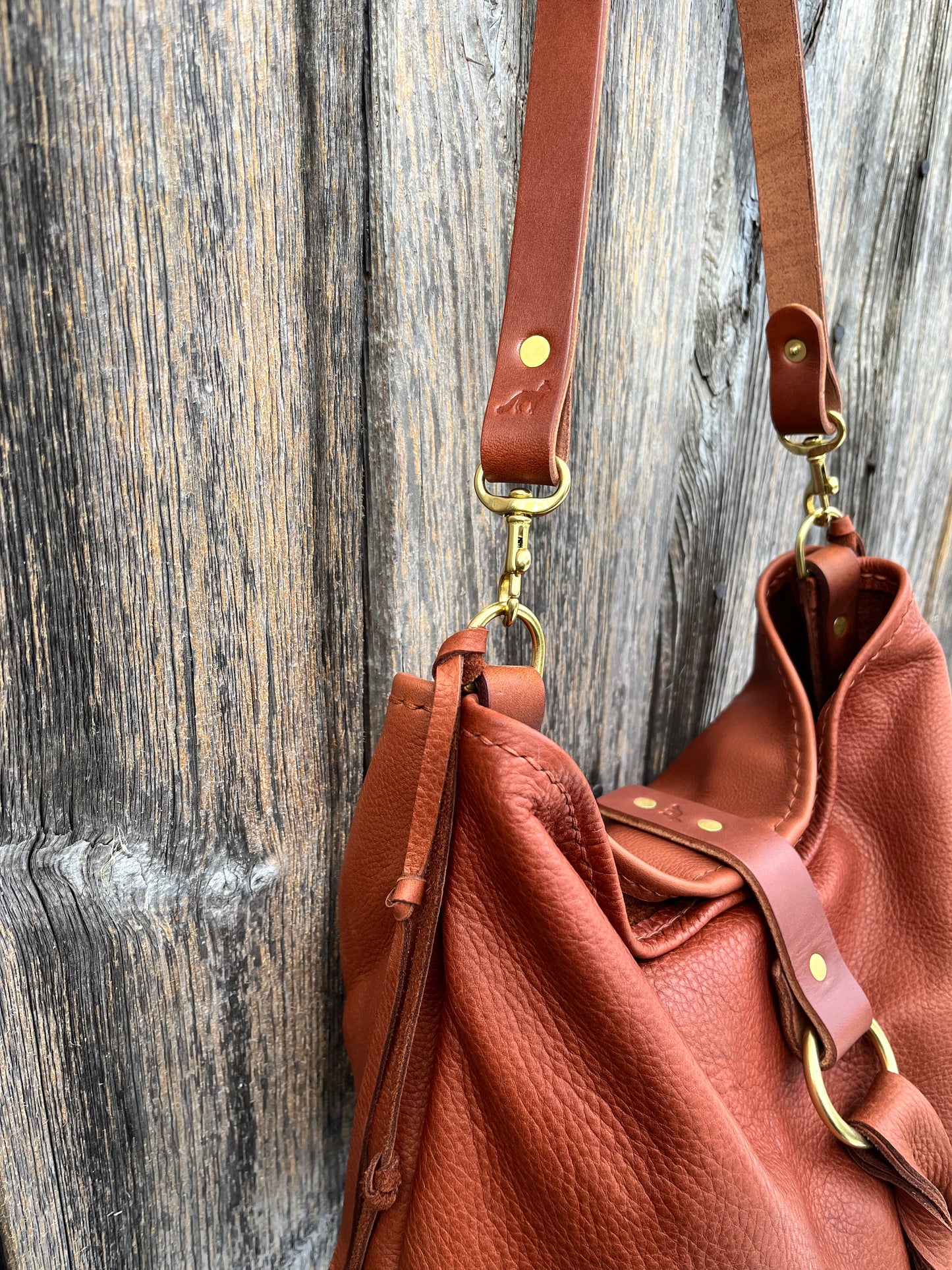 Mimi Slouch Bag in Brandy Naked Cow with Leather Tassel Closure