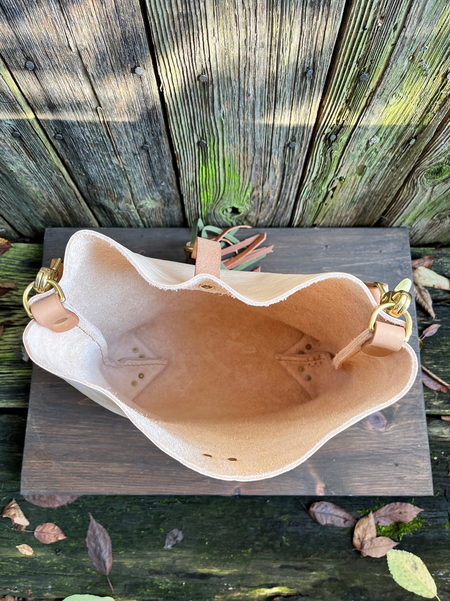 Barcelona Bucket in Natural Milled Veg Tan with Throwover Braided Tassel