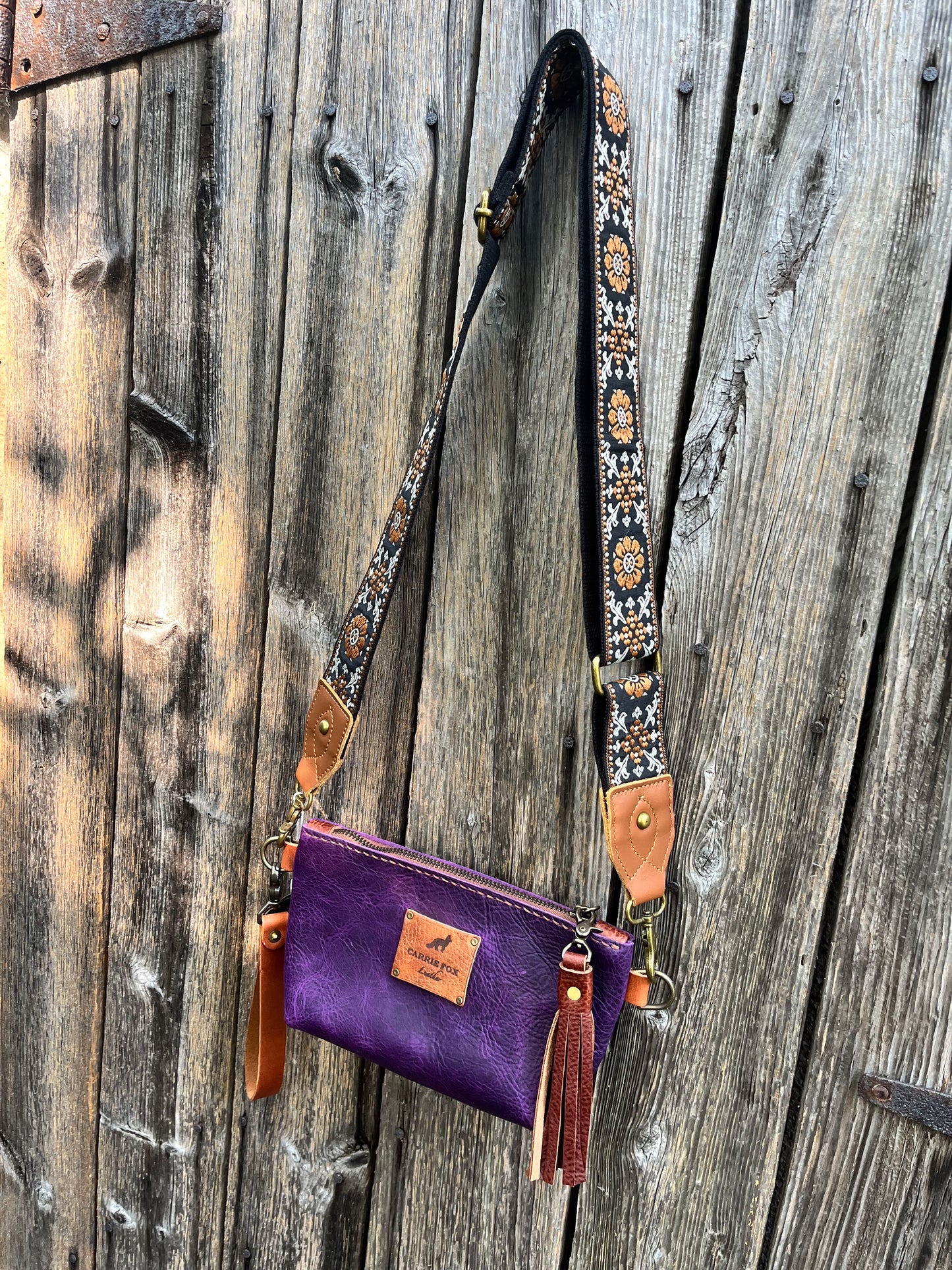 Pipsqueak Wristlet/Crossbody in Grape Escape Bison with English Tan Leather Accents