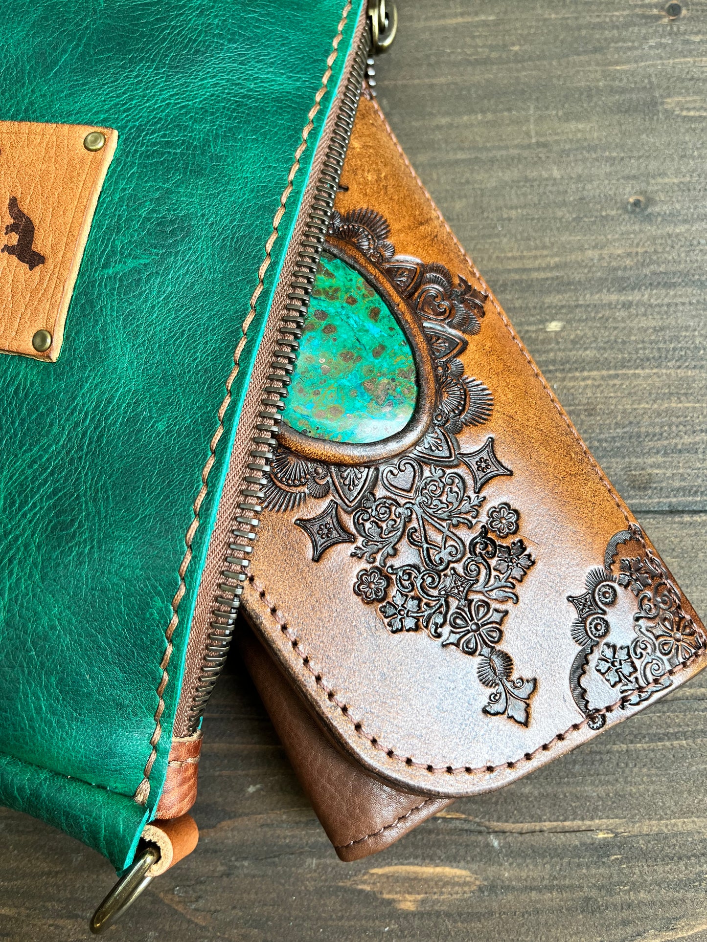 Poppy Crossbody in Emerald Cowhide with Brown Leather Accents