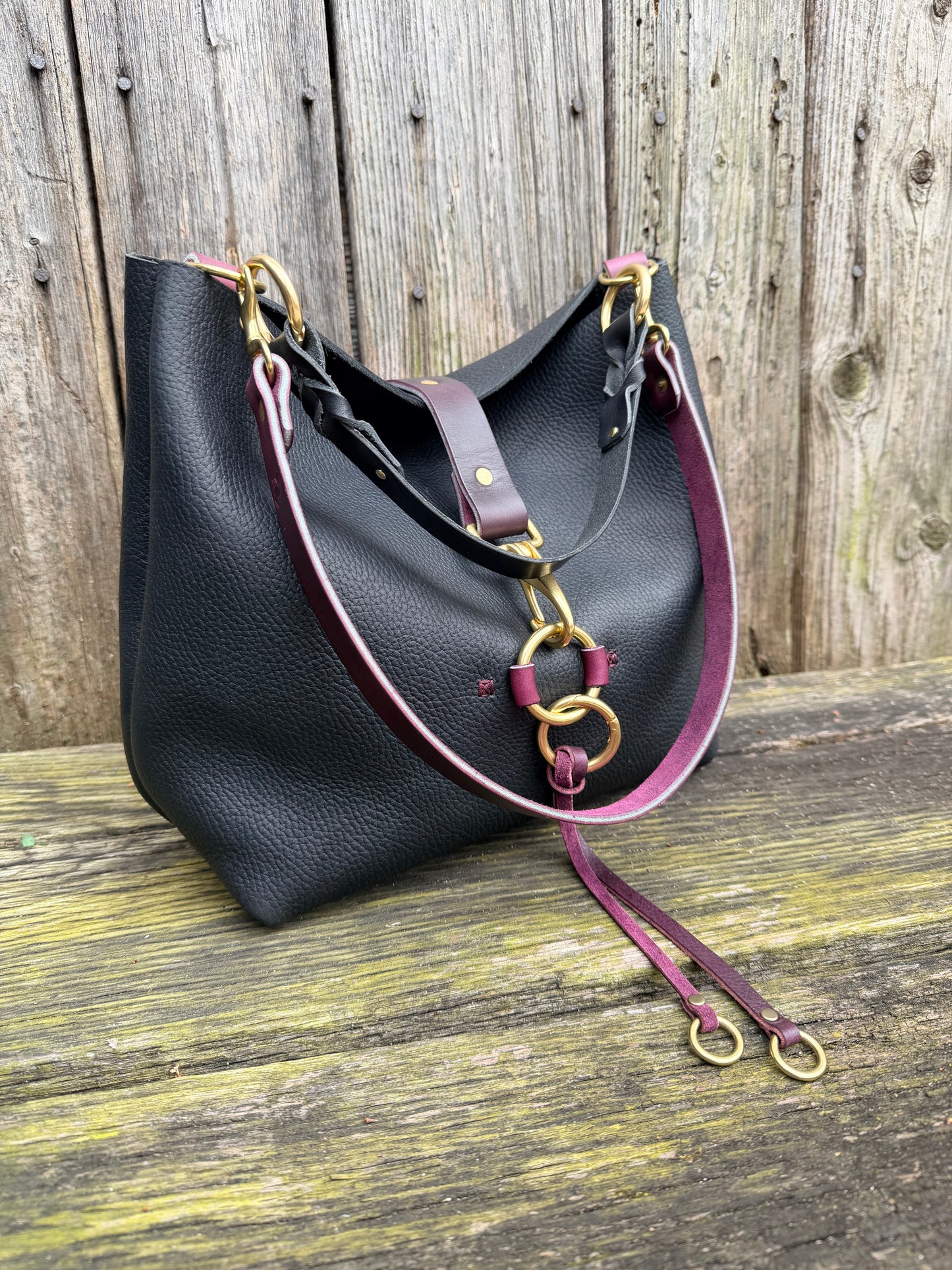SoHo Handbag in Horween Black Leather with Deep Plum Accents - CUSTOM for Vanessa