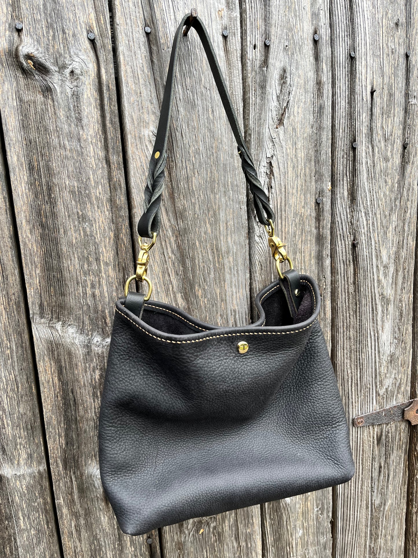 Emma Shoulder Bag in Classic Black Distressed Bison