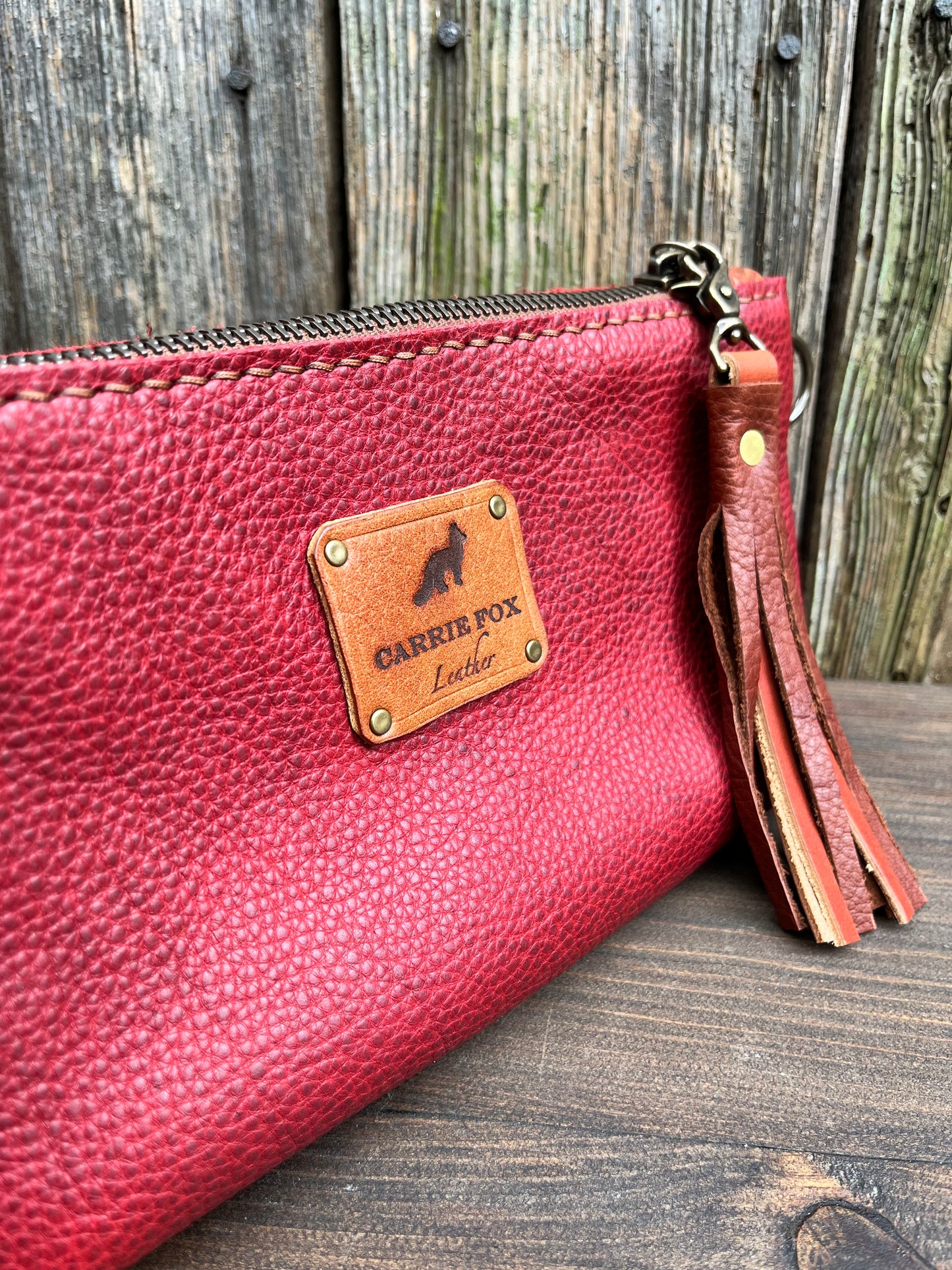 Pip Wristlet in Cherry Bison with English Tan Leather Accents
