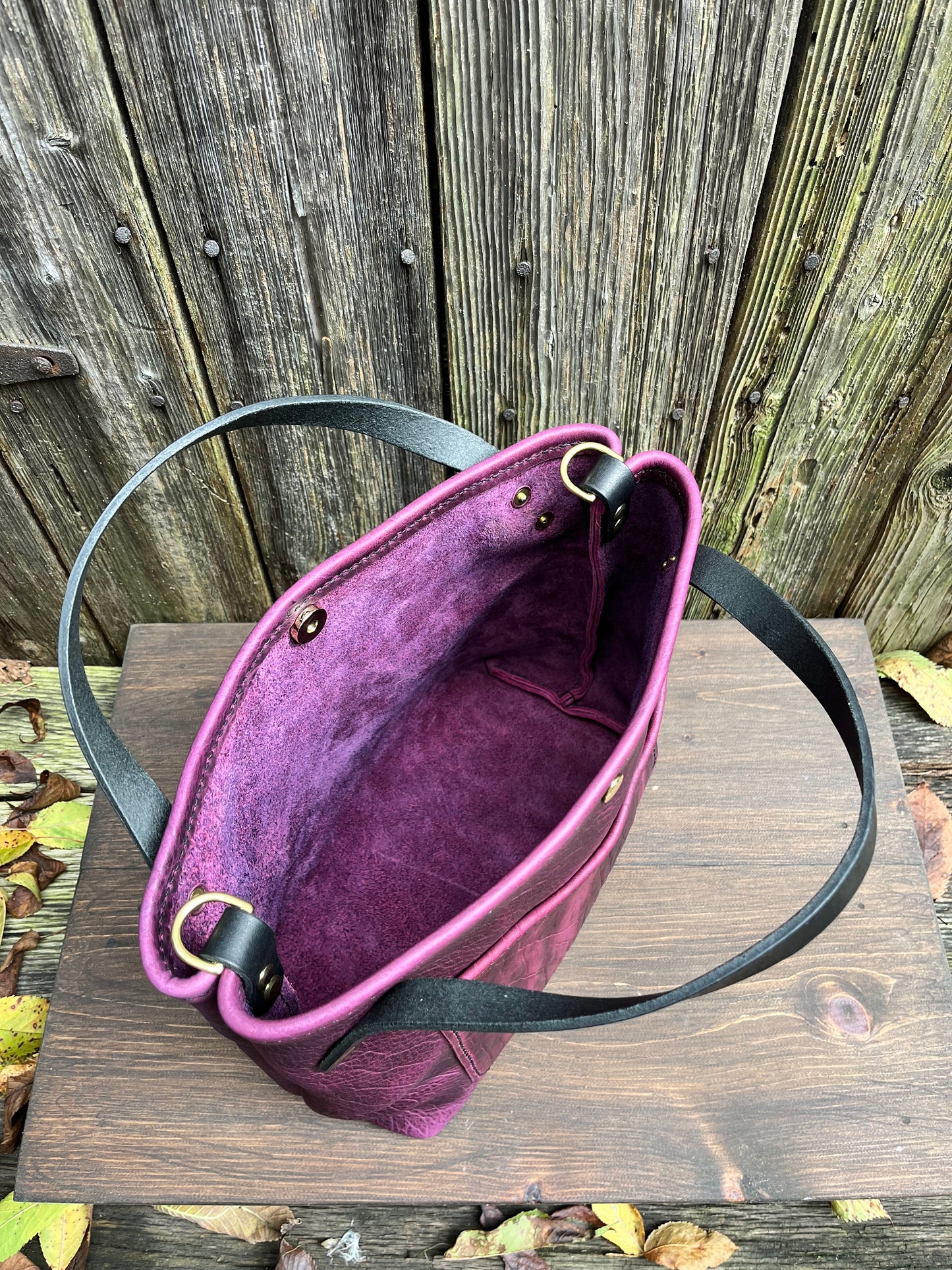 Crissy Grab Bag in Grape Bison with Front Pocket & Black Horween Handles