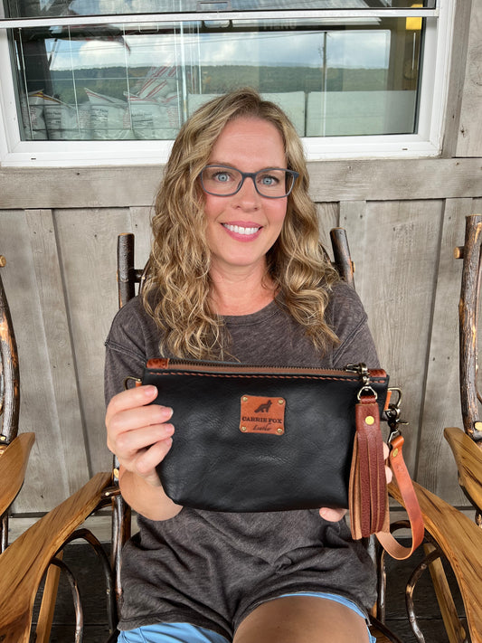 Pipsqueak Wristlet/Crossbody in Black Veg Tan with English Tan Leather Accents