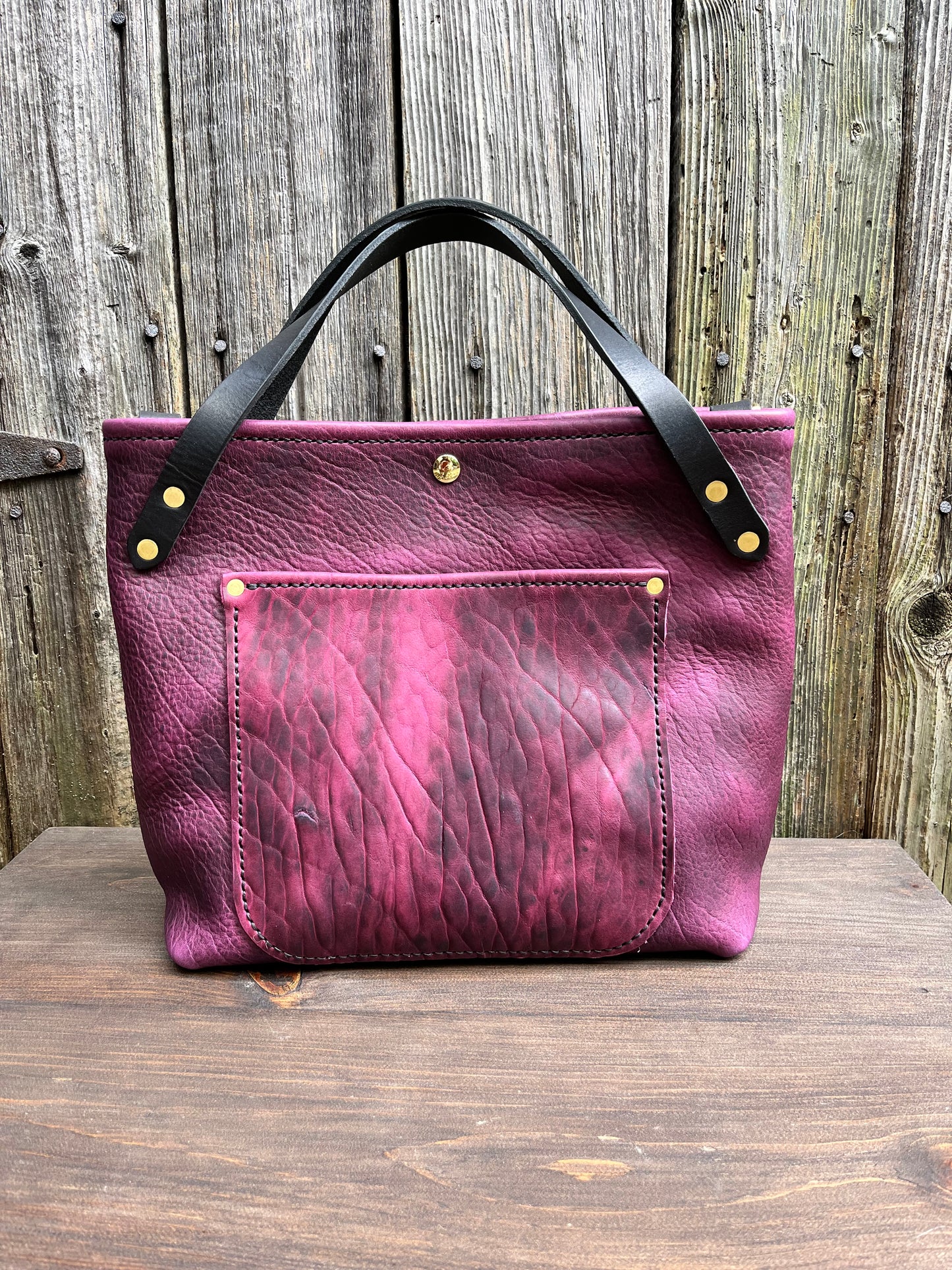 Crissy Grab Bag in Grape Bison with Front Pocket & Black Horween Handles