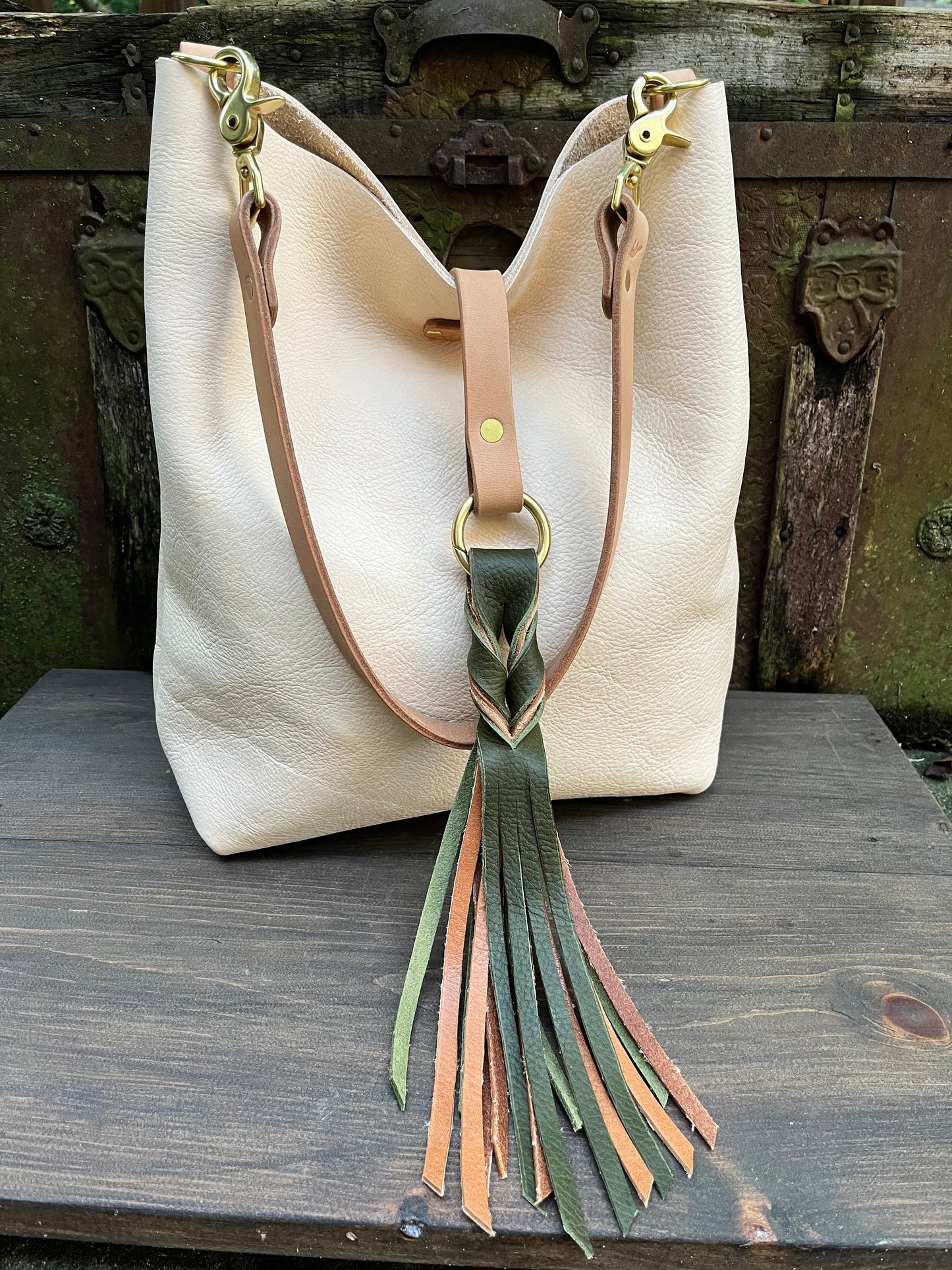 Barcelona Bucket in Natural Milled Veg Tan with Throwover Braided Tassel