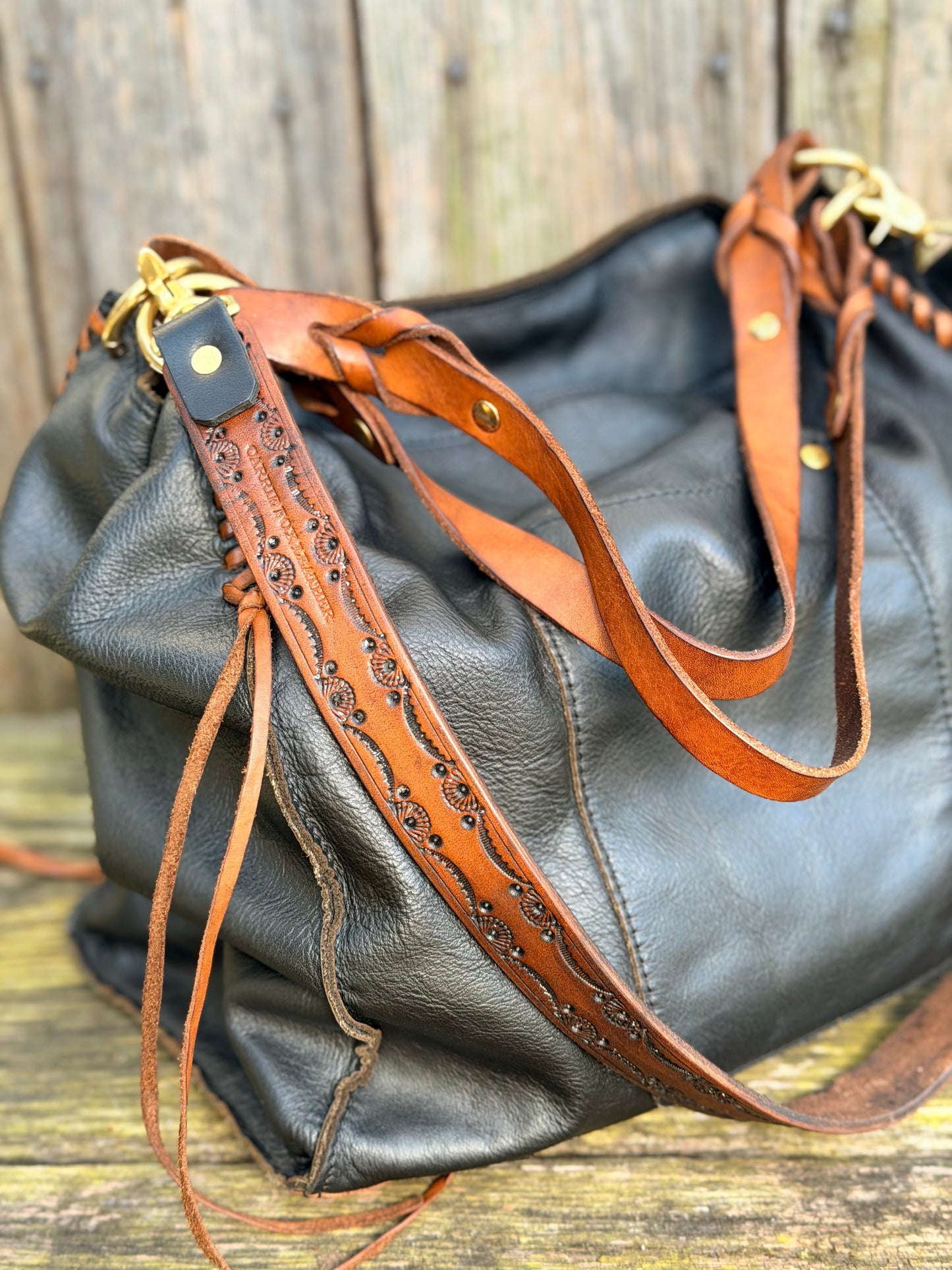 Cody Hand-Tooled Leather Shoulder Strap in Antique Brown - MTO