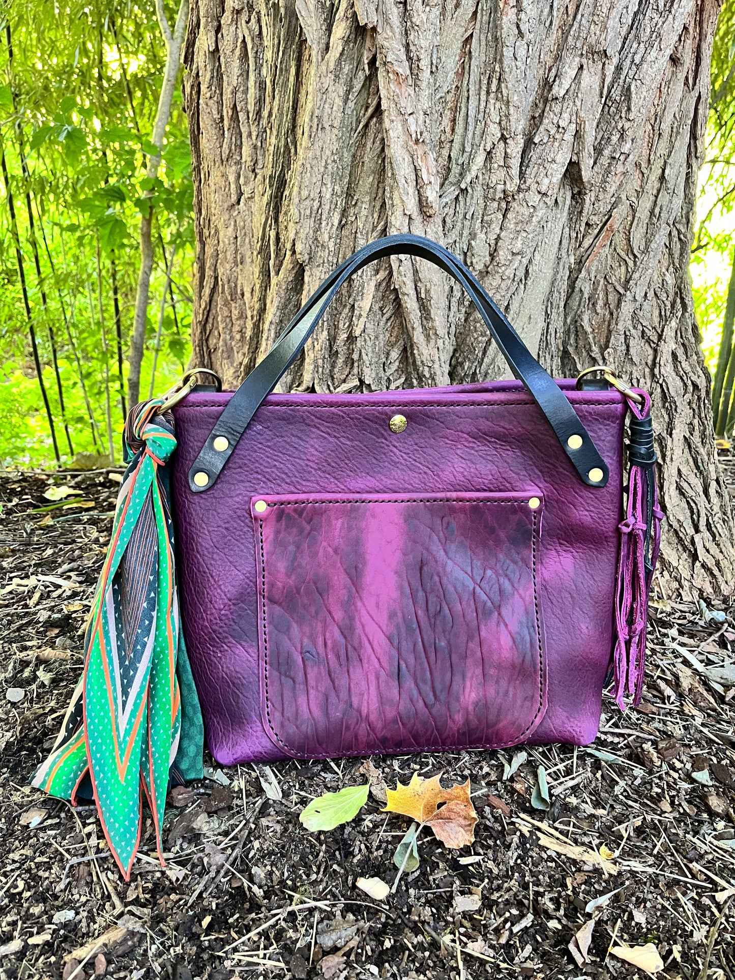 Crissy Grab Bag in Grape Bison with Front Pocket & Black Horween Handles