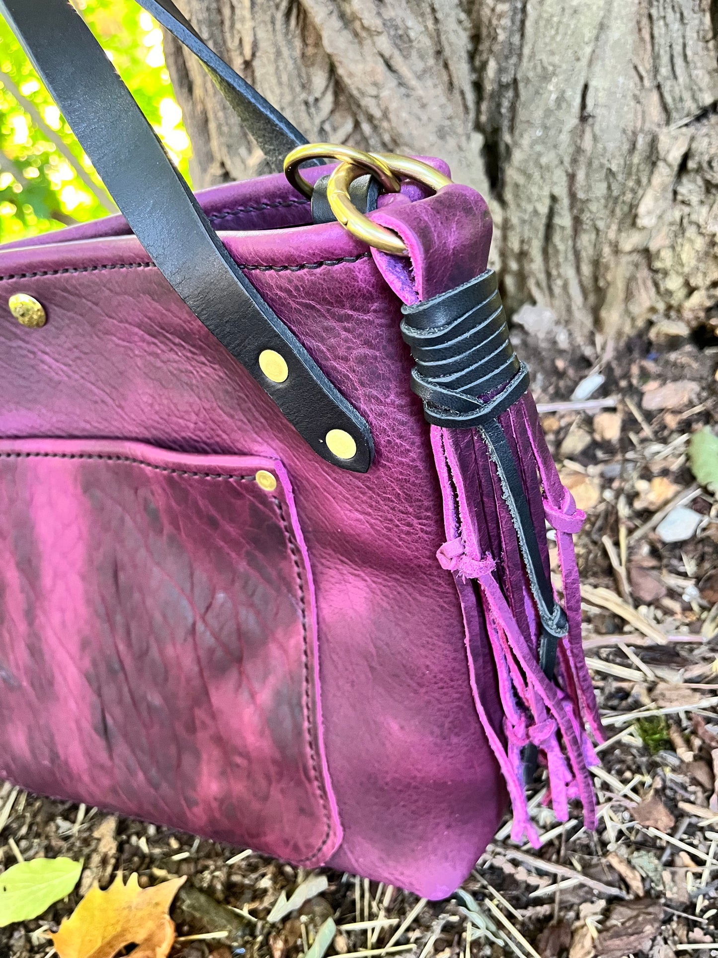 Crissy Grab Bag in Grape Bison with Front Pocket & Black Horween Handles