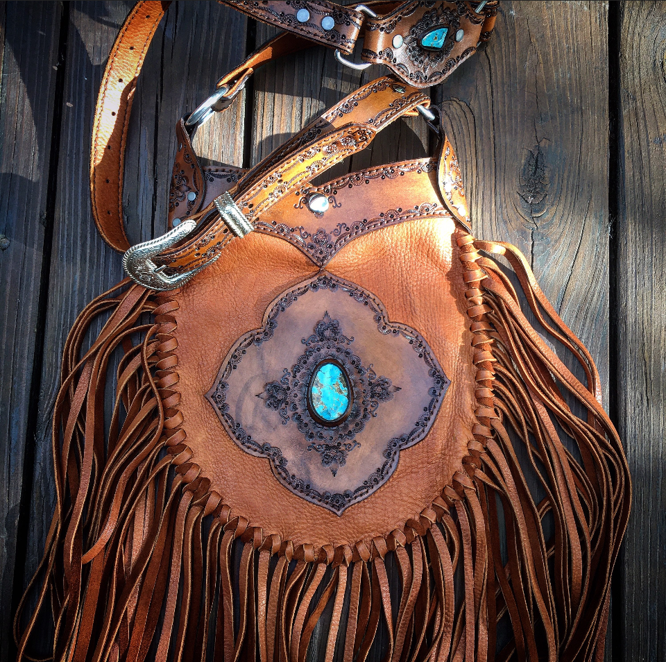 Evolet Leather Crossbody Pouch, Hand-Tooled, Tobacco Deerskin with Sierra Nevada Turquoise