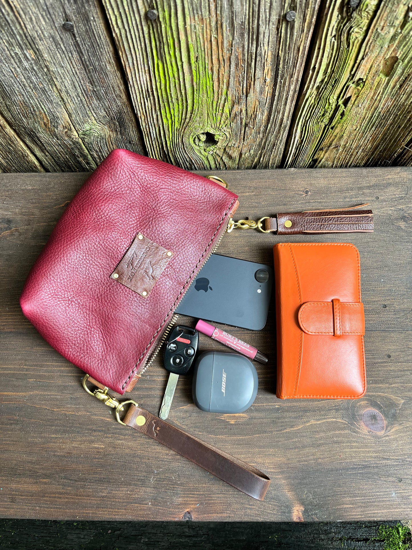 Pipsqueak Wristlet/Crossbody in Bordeaux Italian Veg Tan with Dark Brown Leather Accents