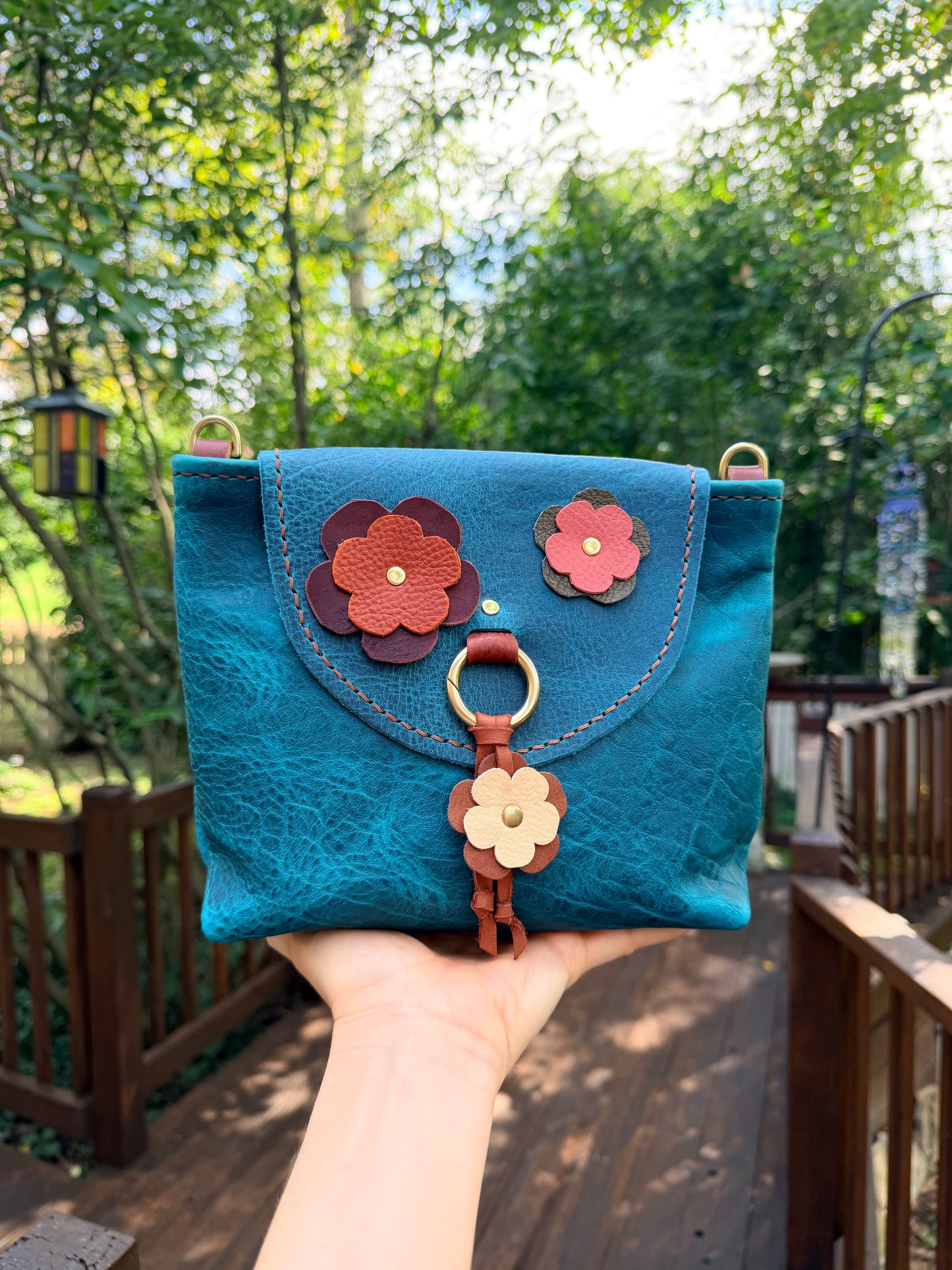 Bubby Bag in Premium Blue Bison with Whimsical Leather Flowers