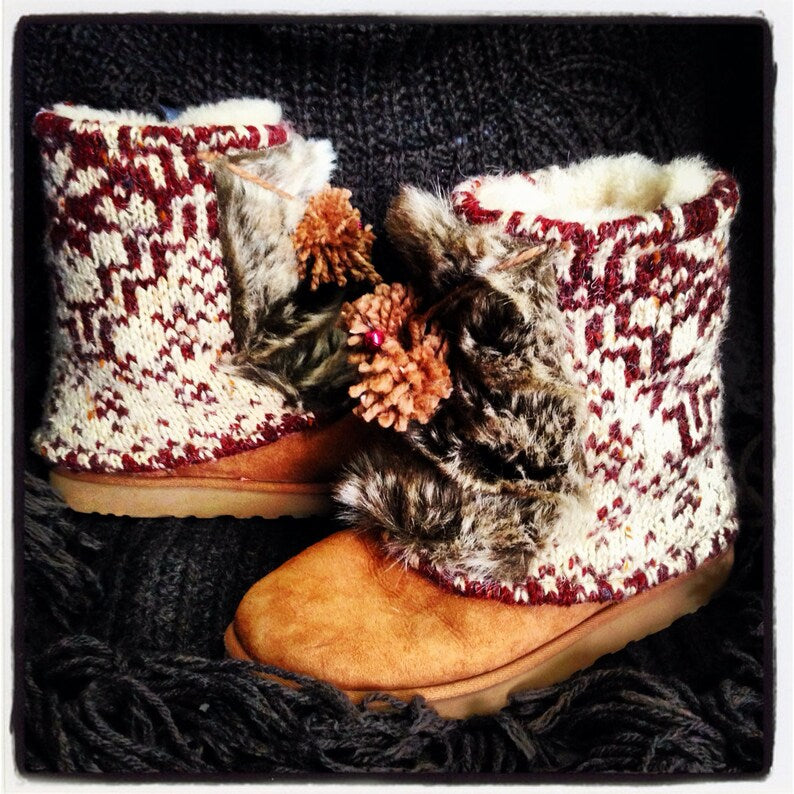 Sleigh Ride Fair Isle Boot Sweaters with Jingle Bells, Pom Pom Tassels, Boot Accessories