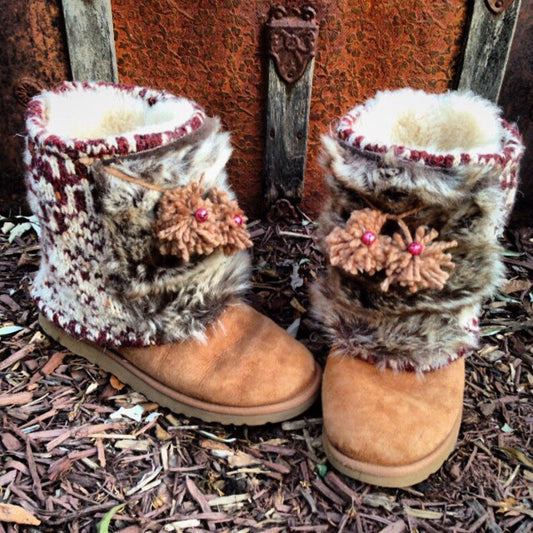 Sleigh Ride Fair Isle Boot Sweaters with Jingle Bells, Pom Pom Tassels, Boot Accessories